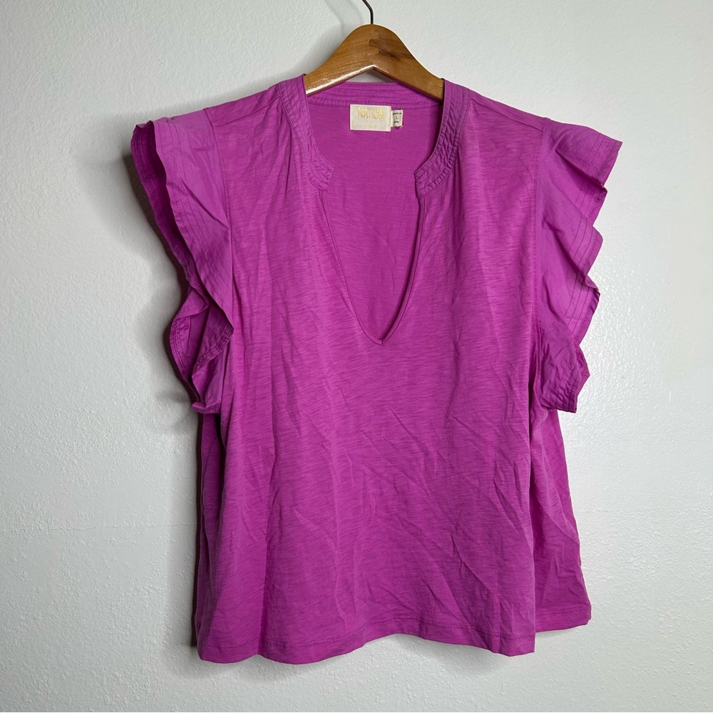 Nation LTD 100% Pima Cotton Flutter Sleeve V - Neck Blouse